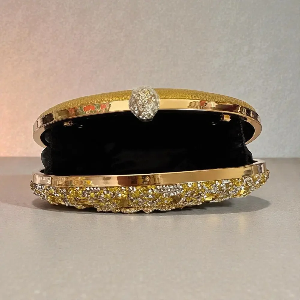 Ramla Gold Crystal Embellished Oval Evening Clutch Beaded Purse NWT